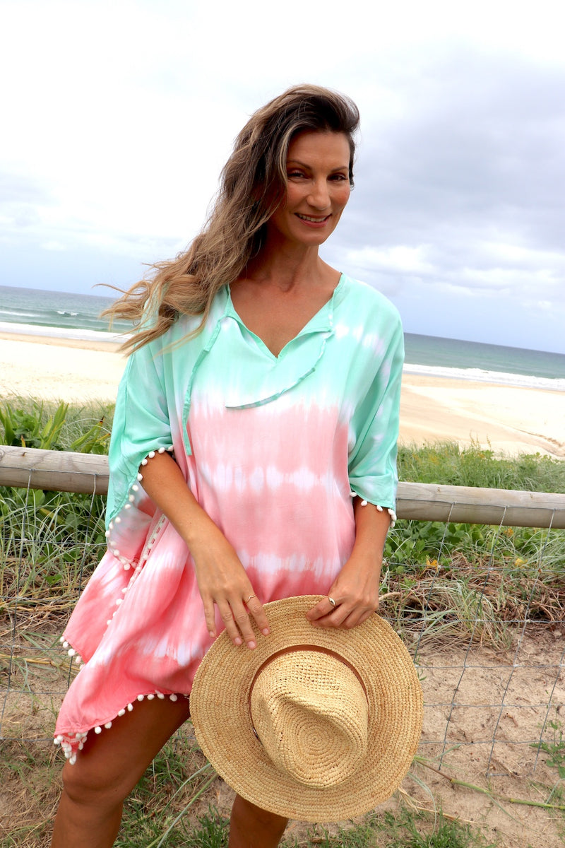 Short Pom Pom Kaftan in Fairy Floss Pink Lime