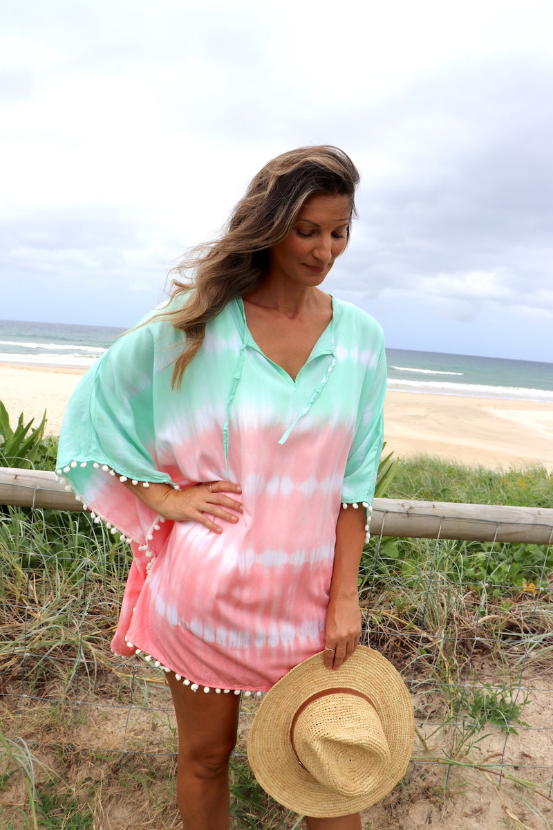 Short Pom Pom Kaftan in Fairy Floss Pink Lime