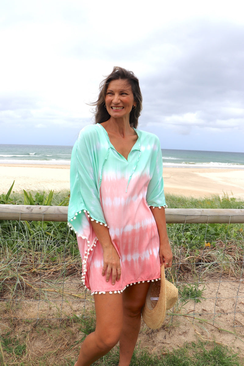 Short Pom Pom Kaftan in Fairy Floss Pink Lime