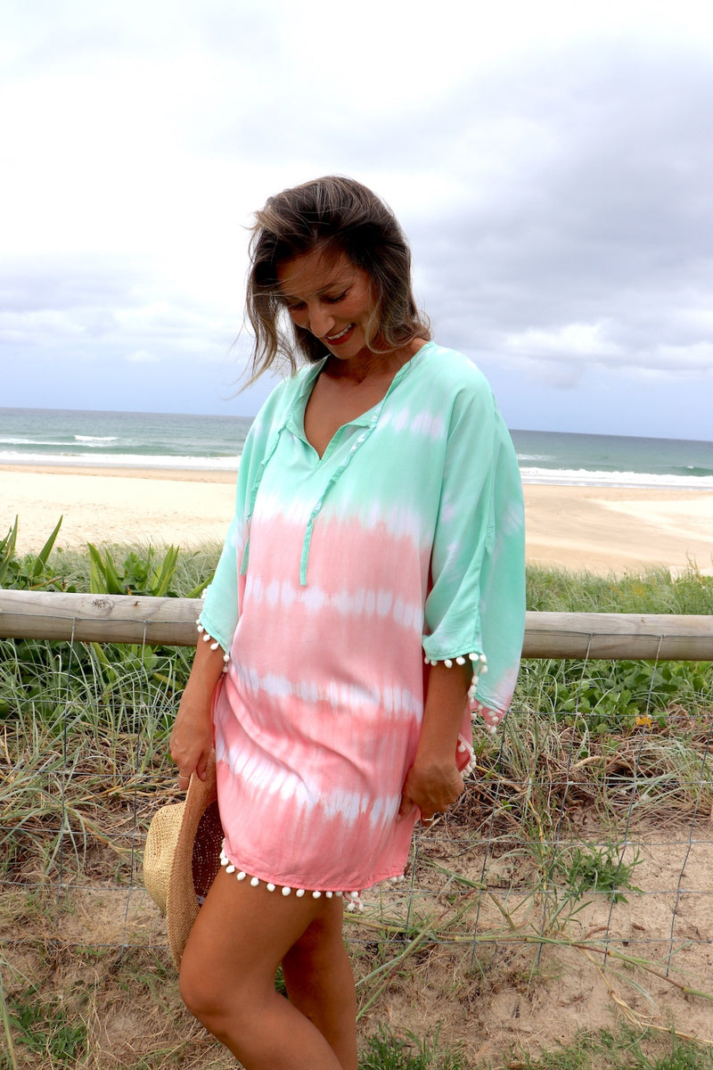 Short Pom Pom Kaftan in Fairy Floss Pink Lime