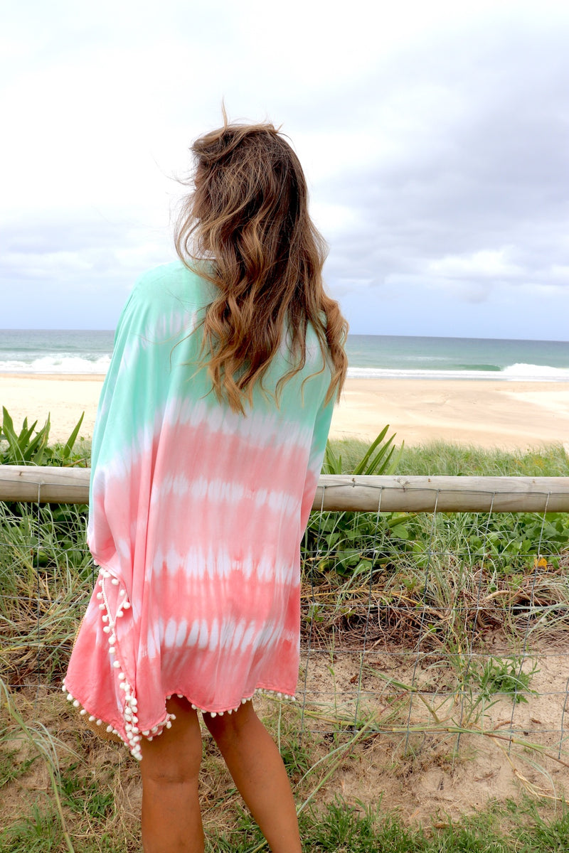 Short Pom Pom Kaftan in Fairy Floss Pink Lime