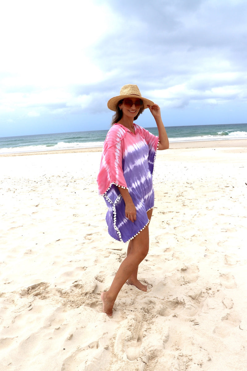 Short Pom Pom Kaftan in Fairy Floss Purple Pink