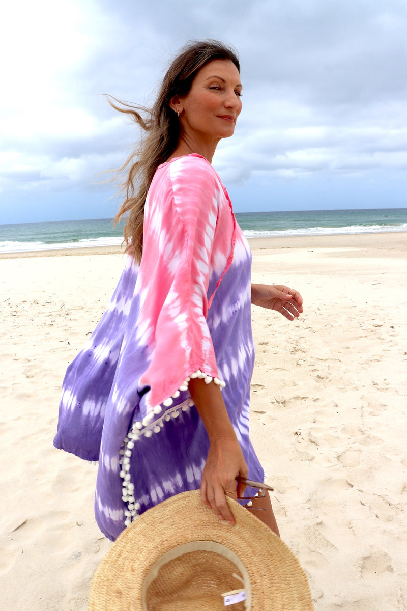 Short Pom Pom Kaftan in Fairy Floss Purple Pink