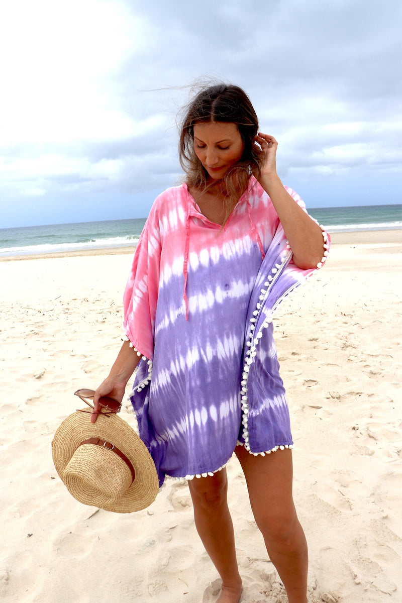 Short Pom Pom Kaftan in Fairy Floss Purple Pink