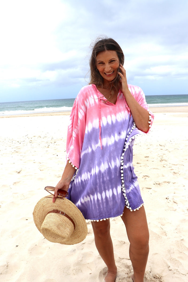 Short Pom Pom Kaftan in Fairy Floss Purple Pink