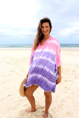 Short Pom Pom Kaftan in Fairy Floss Purple Pink