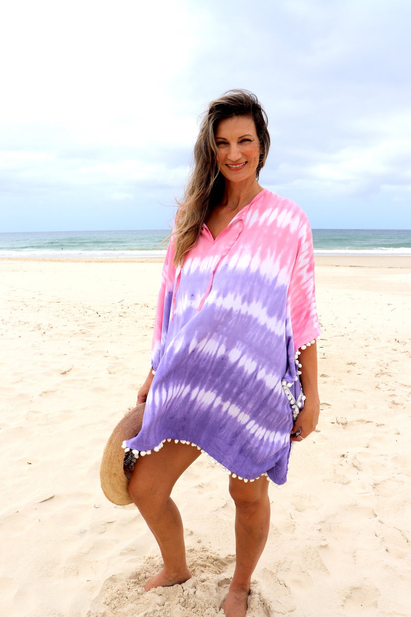 Short Pom Pom Kaftan in Fairy Floss Purple Pink