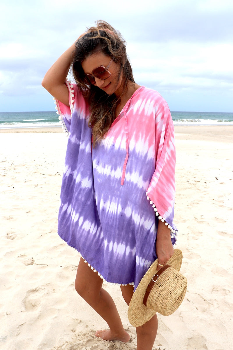 Short Pom Pom Kaftan in Fairy Floss Purple Pink