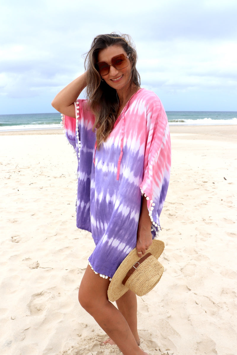 Short Pom Pom Kaftan in Fairy Floss Purple Pink