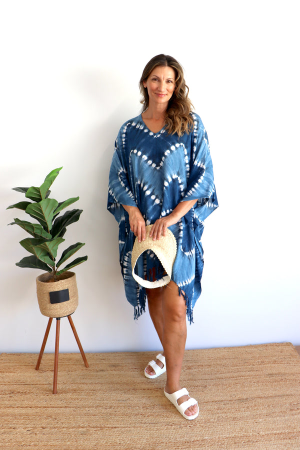 Short Kaftan With Tassels Navy Zig Zag