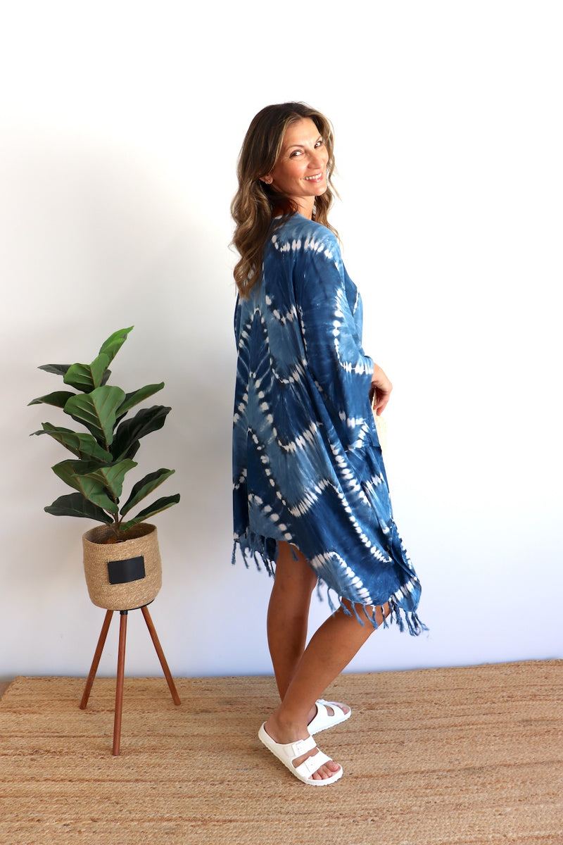 Short Kaftan With Tassels Navy Zig Zag