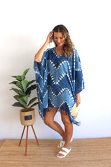 Short Kaftan With Tassels Navy Zig Zag