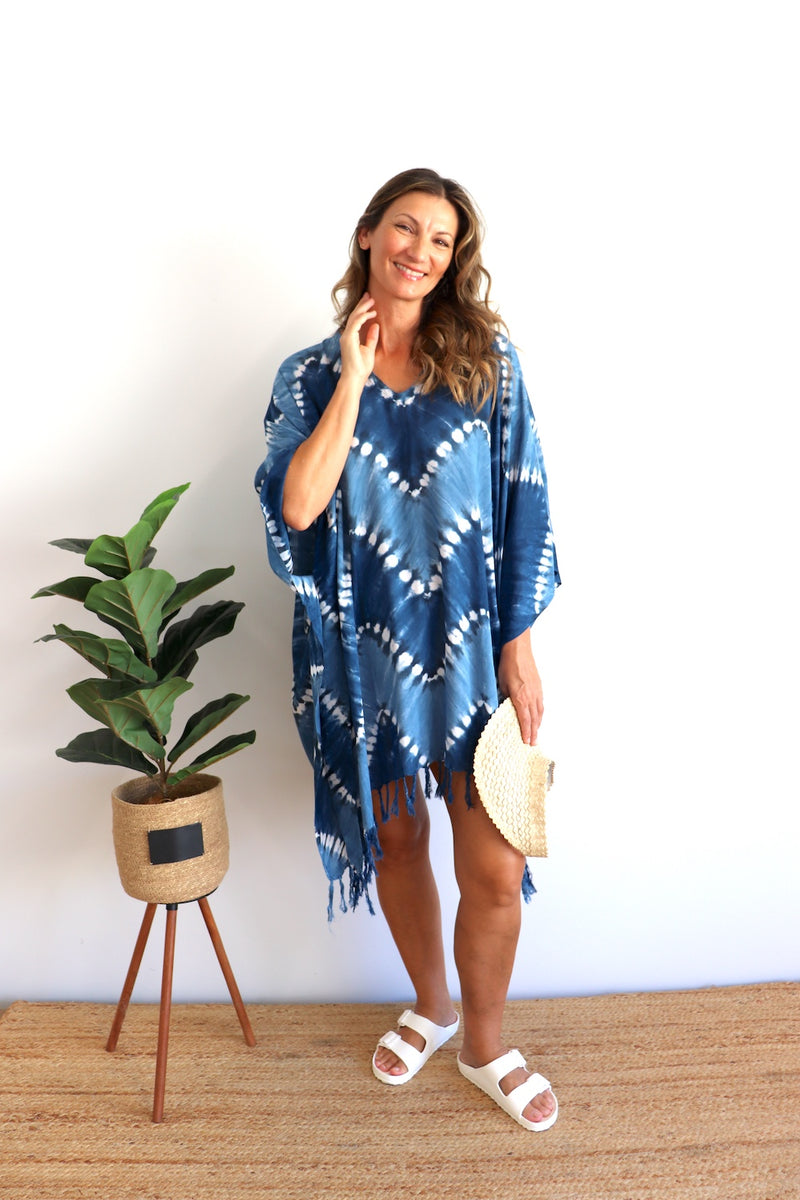 Short Kaftan With Tassels Navy Zig Zag