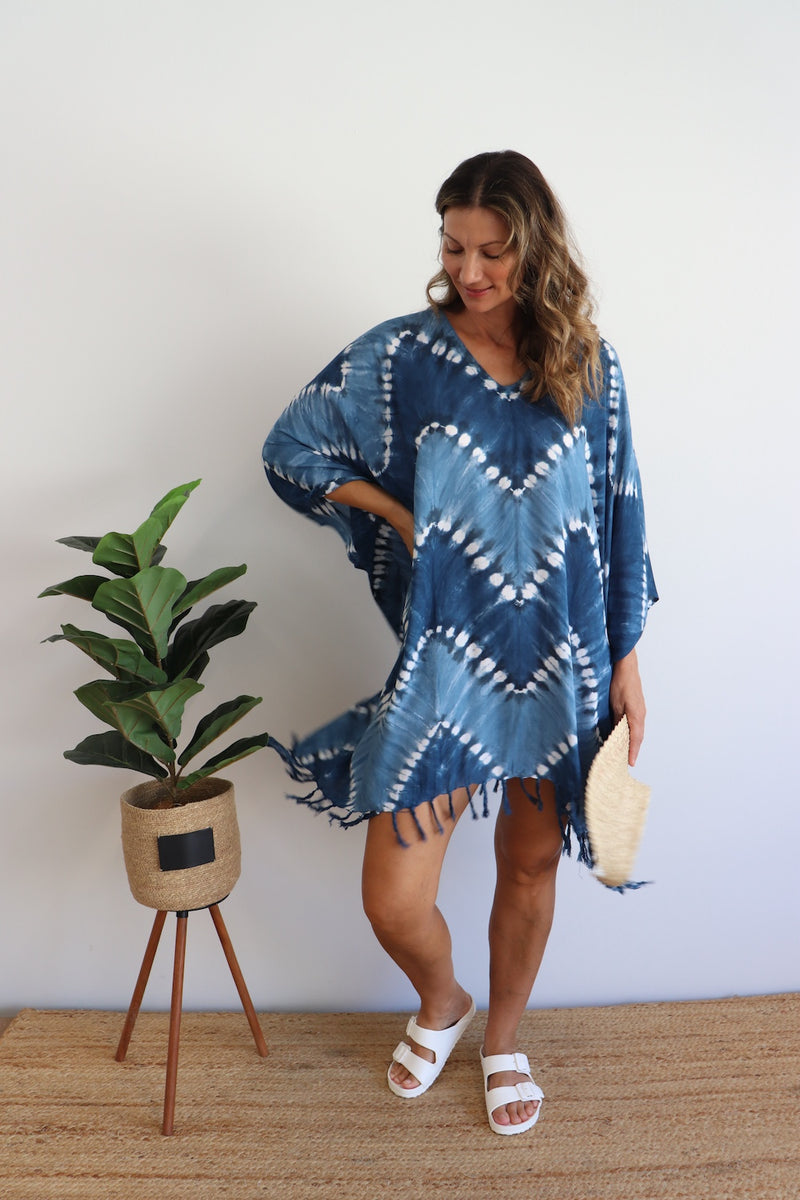 Short Kaftan With Tassels Navy Zig Zag