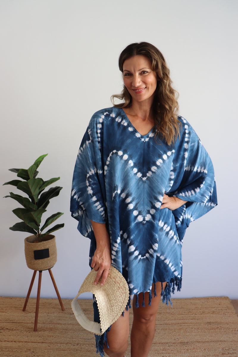 Short Kaftan With Tassels Navy Zig Zag