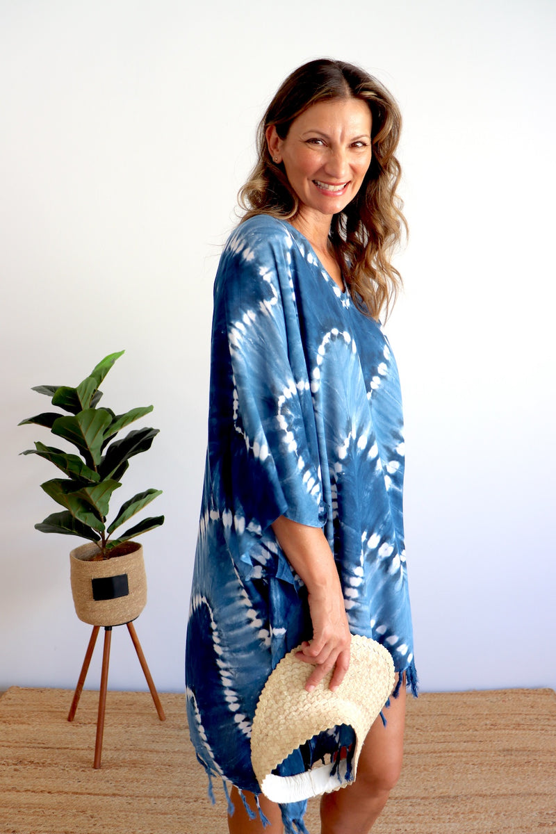 Short Kaftan With Tassels Navy Zig Zag