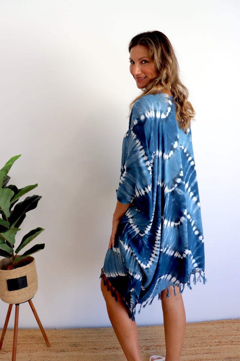 Short Kaftan With Tassels Navy Zig Zag