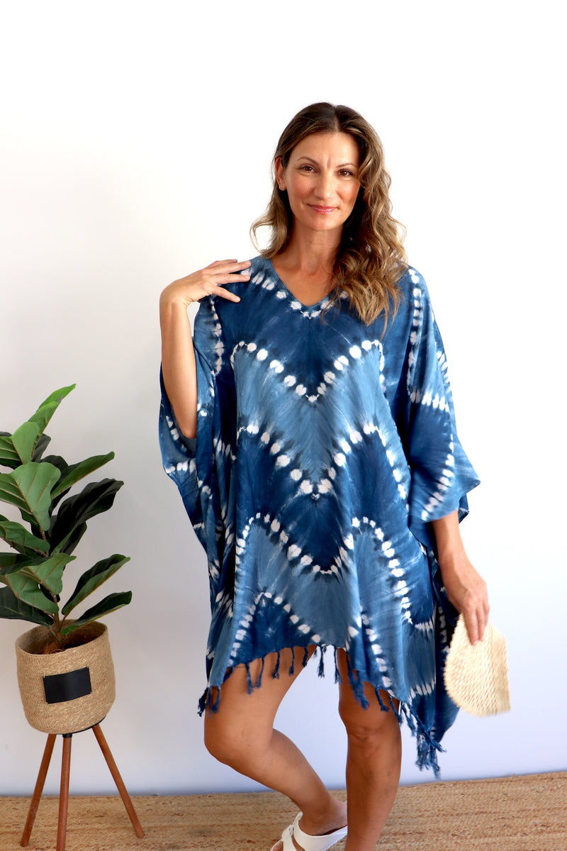 Short Kaftan With Tassels Navy Zig Zag