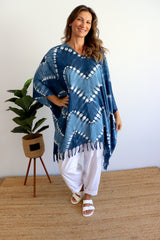 Short Kaftan With Tassels Navy Zig Zag