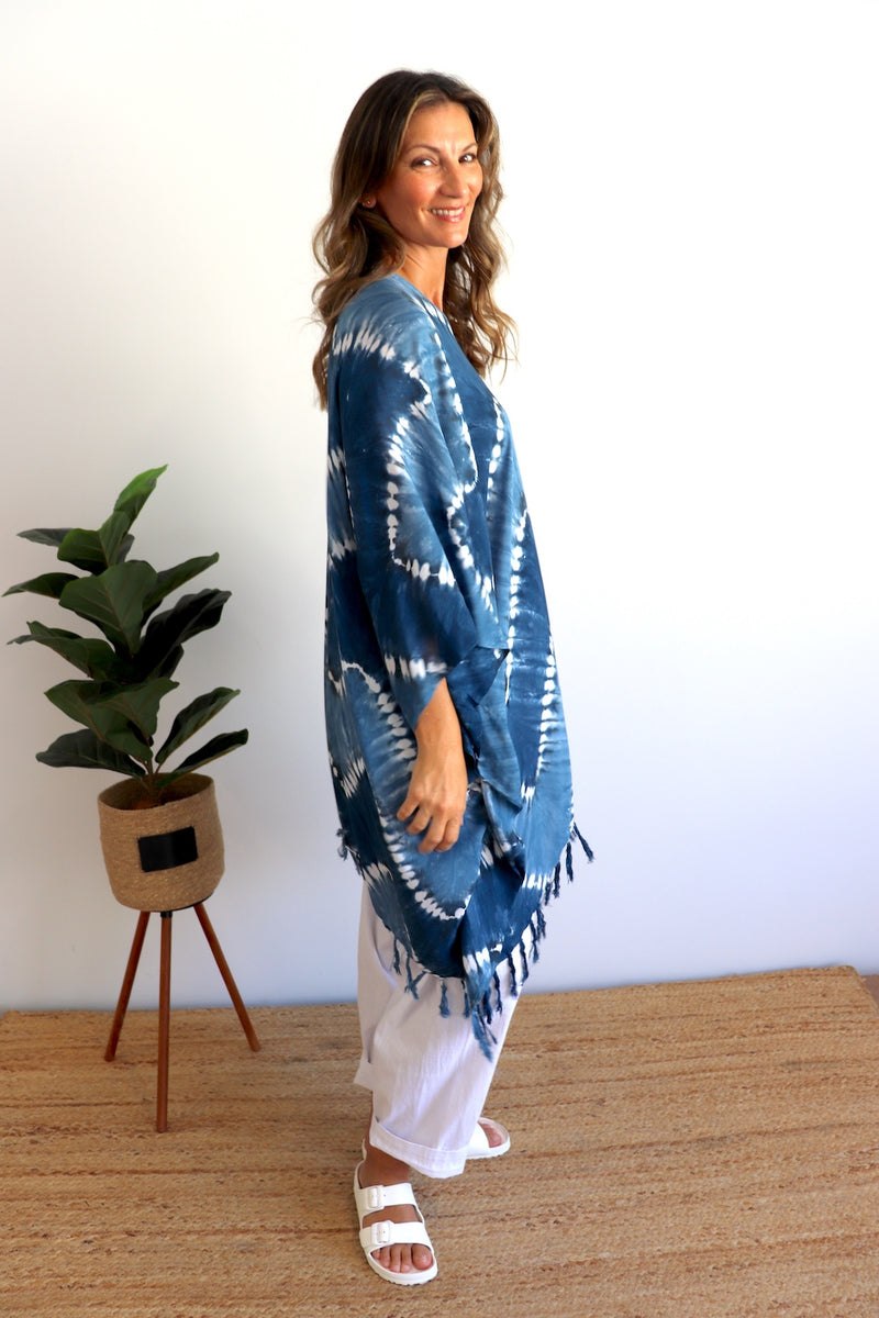 Short Kaftan With Tassels Navy Zig Zag