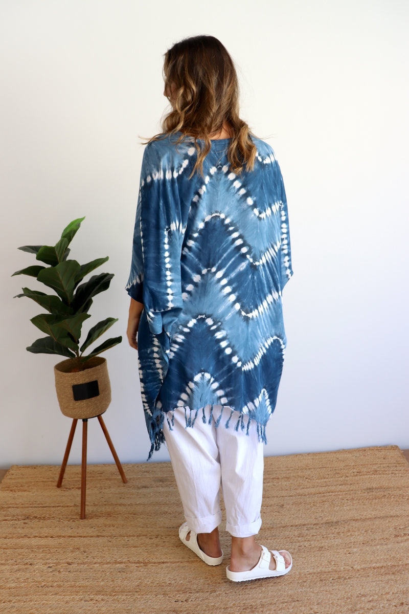 Short Kaftan With Tassels Navy Zig Zag