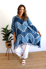 Short Kaftan With Tassels Navy Zig Zag