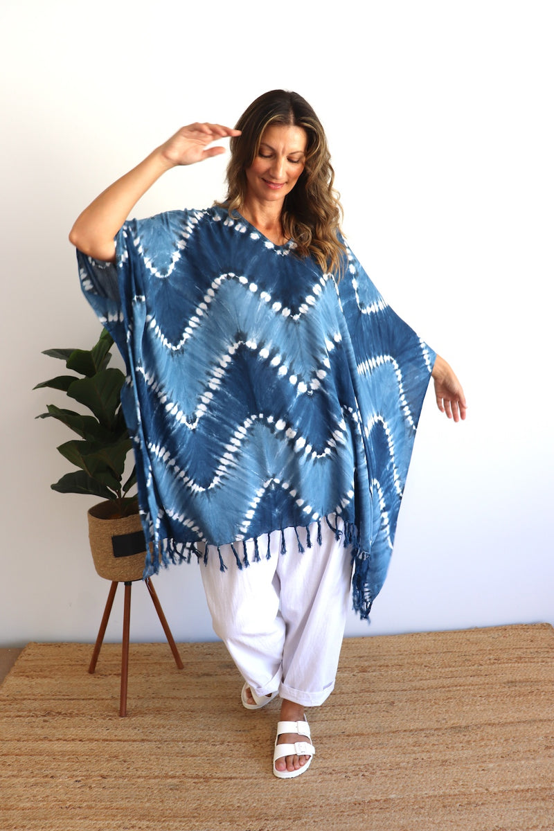 Short Kaftan With Tassels Navy Zig Zag