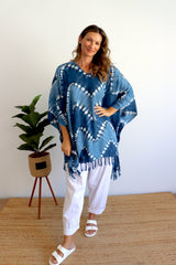 Short Kaftan With Tassels Navy Zig Zag