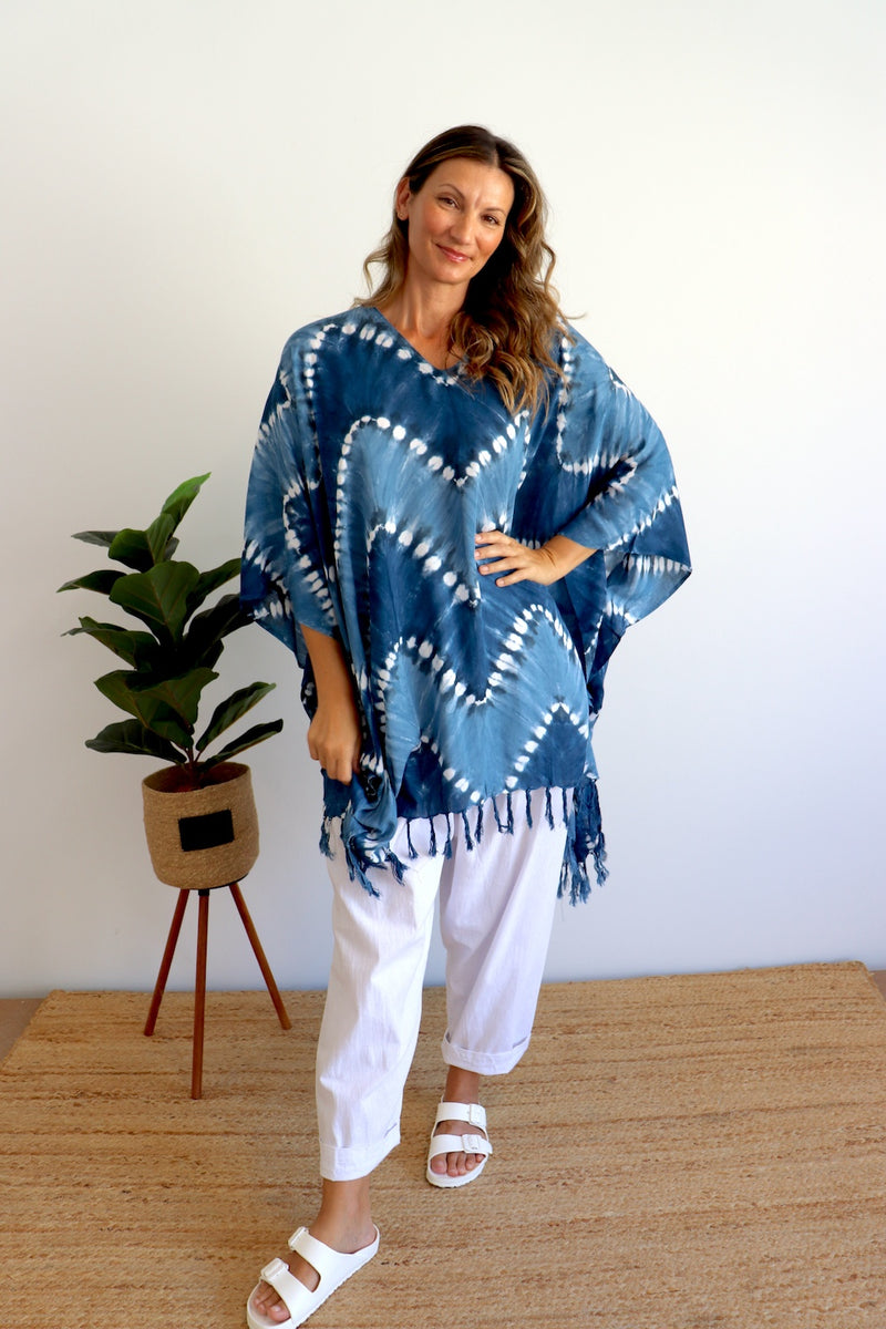 Short Kaftan With Tassels Navy Zig Zag