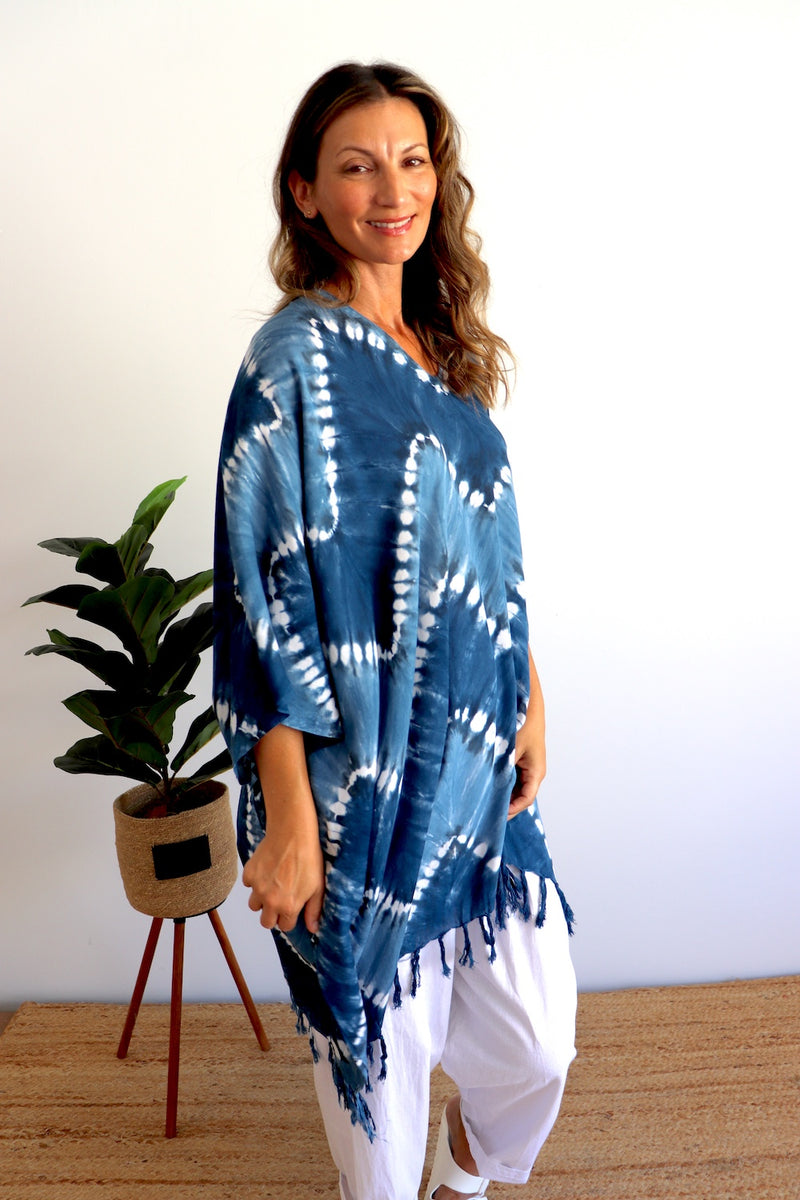 Short Kaftan With Tassels Navy Zig Zag