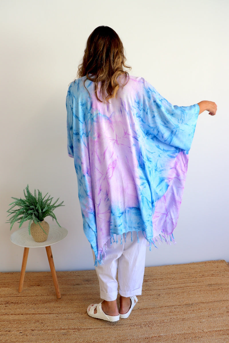 Short Kaftan With Tassels Tie Dye Blue Purple Pink