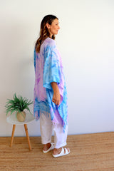 Short Kaftan With Tassels Tie Dye Blue Purple Pink