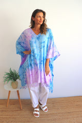 Short Kaftan With Tassels Tie Dye Blue Purple Pink