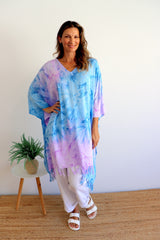 Short Kaftan With Tassels Tie Dye Blue Purple Pink