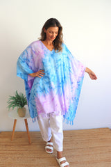 Short Kaftan With Tassels Tie Dye Blue Purple Pink