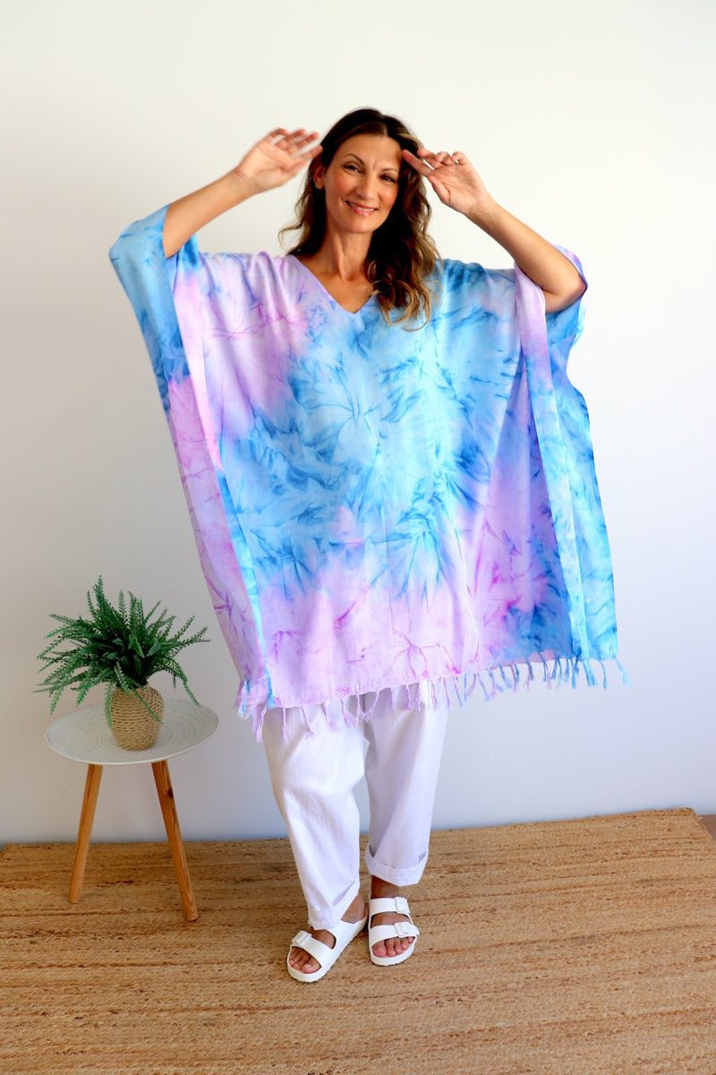 Short Kaftan With Tassels Tie Dye Blue Purple Pink