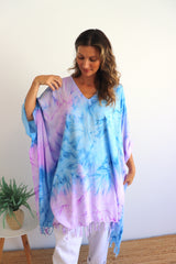 Short Kaftan With Tassels Tie Dye Blue Purple Pink