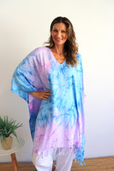 Short Kaftan With Tassels Tie Dye Blue Purple Pink