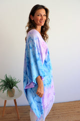 Short Kaftan With Tassels Tie Dye Blue Purple Pink