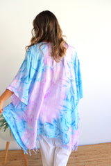 Short Kaftan With Tassels Tie Dye Blue Purple Pink