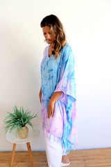 Short Kaftan With Tassels Tie Dye Blue Purple Pink