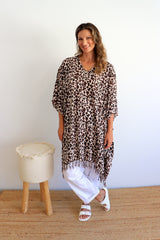 Short Kaftan With Tassels In Animal Choc Milk