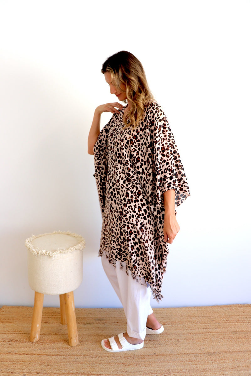 Short Kaftan With Tassels In Animal Choc Milk