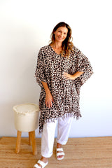 Short Kaftan With Tassels In Animal Choc Milk