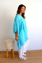 Short Kaftan With Tassels In Sky Blue