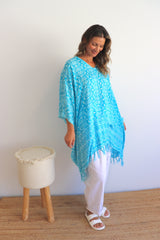 Short Kaftan With Tassels In Sky Blue