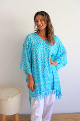 Short Kaftan With Tassels In Sky Blue