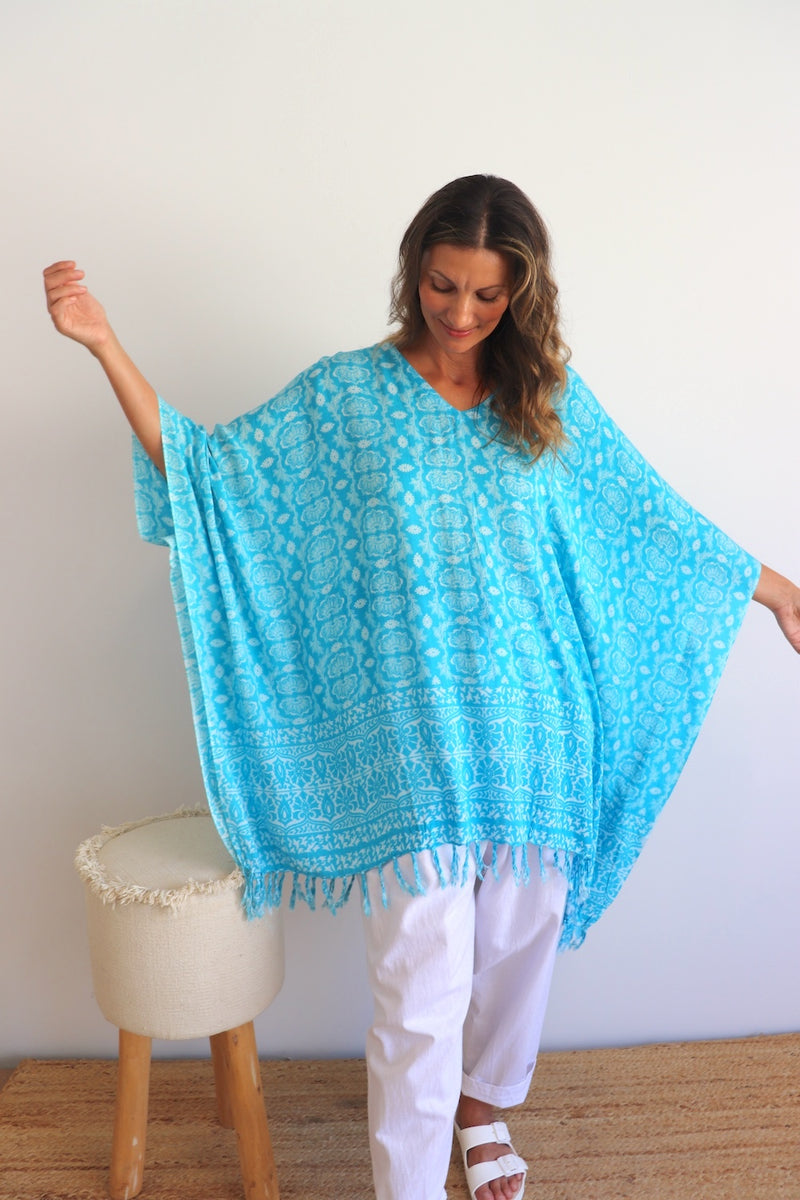 Short Kaftan With Tassels In Sky Blue