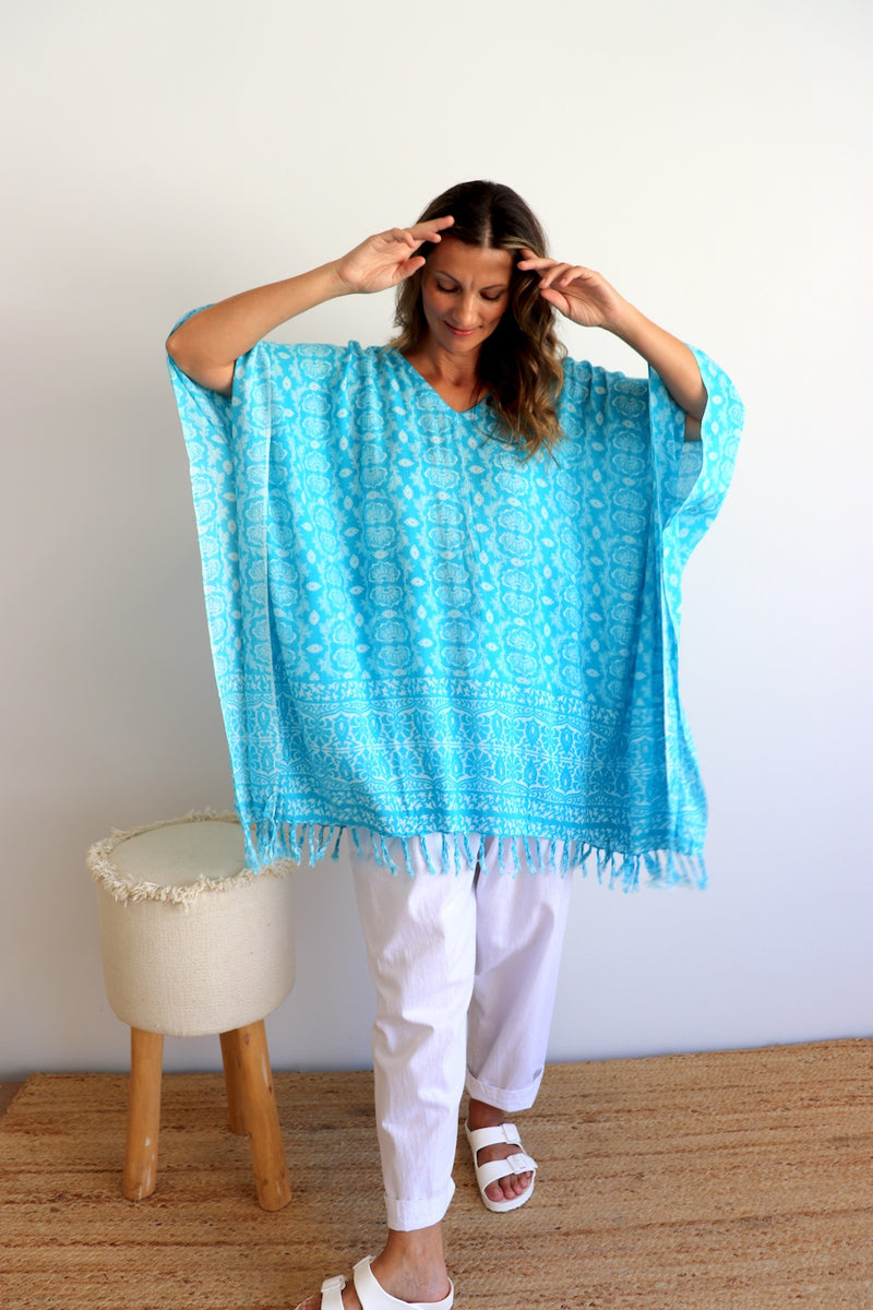 Short Kaftan With Tassels In Sky Blue