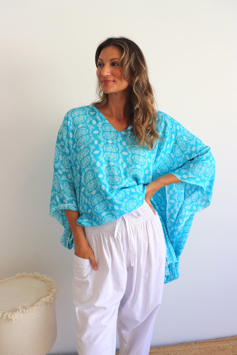 Short Kaftan With Tassels In Sky Blue